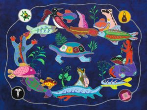 This image, painted in the Ojibwa Woodland Art Style, depicts healing