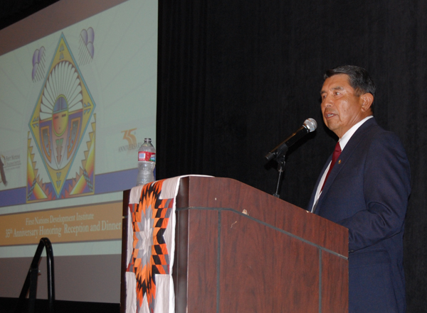 Tom addresses the audience at First Nations’ 35th Anniversary celebration in 2015