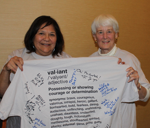 Susan (right) with Valorie Johnson (left) at an October 2016 tribute dinner for Val after she retired from the W.K. Kellogg Foundation